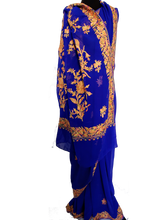 Load image into Gallery viewer, Blue Kashmiri Aari embroidered Saree