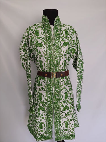 Cream and green Kashmiri embroidered Ari Silk Jacket