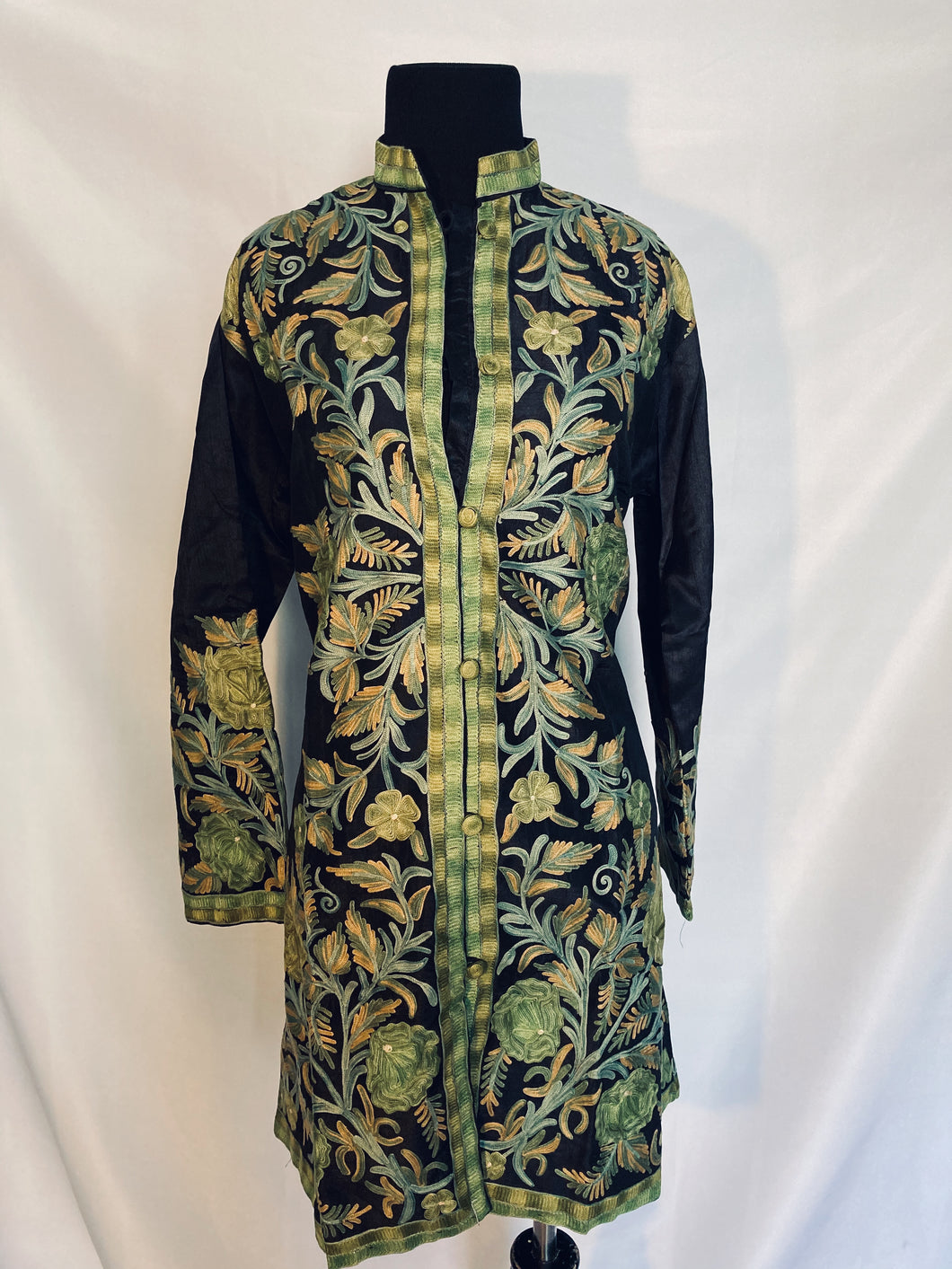 New Black Kashmiri Ari embroidered silk jacket (Green flowers)
